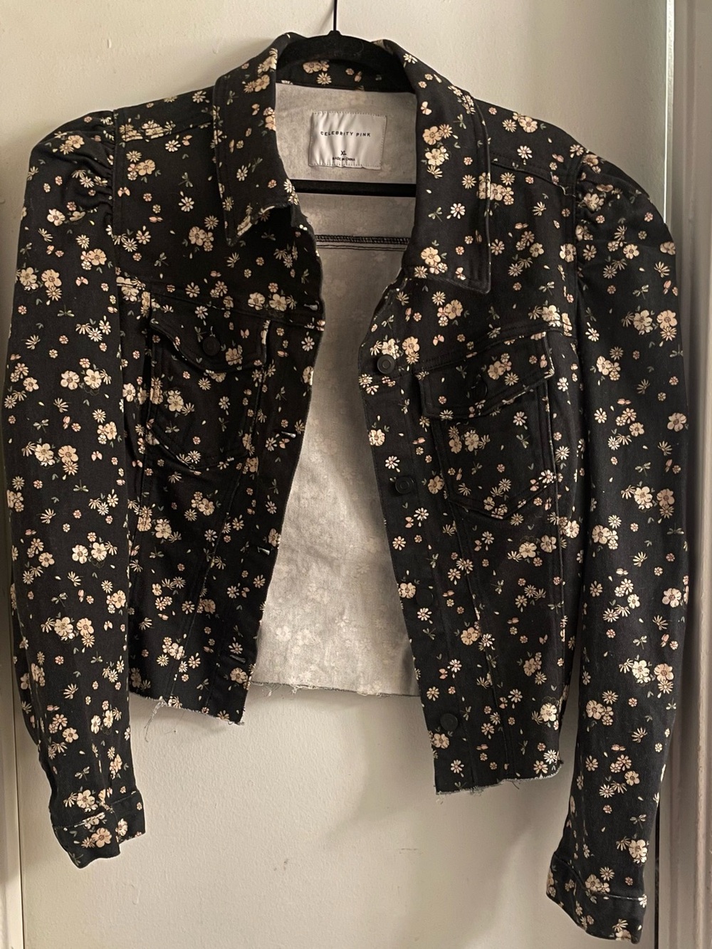 Celebrity Pink Black Floral Cropped Denim Jacket with Cream Flowers